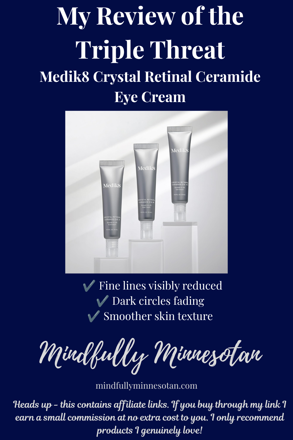 Medik8 Crystal Retinal Ceramide Eye Cream review pin showing Eye 3, Eye 6, and Eye 10 on white pedestals with text reading My Review of the Triple Threat, bullet points showing fine lines visibly reduced, dark circles fading, and smoother skin texture, and Mindfully Minnesotan branding with affiliate disclaimer at bottom.