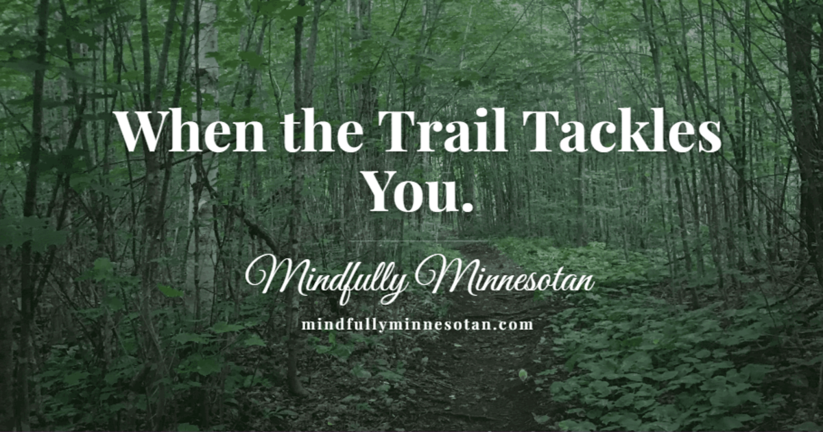 Forest trail on the Superior Hiking Trail with the text "When the Trail Tackles You"