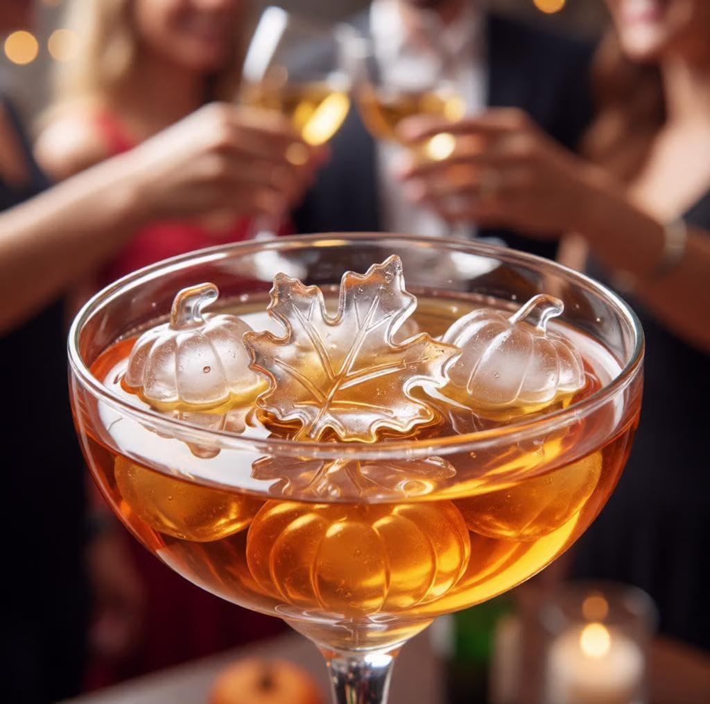 Individual pumpkin and maple leaf shaped ice cubes floating in a coupe glass of harvest punch, a fun garnish idea for this easy harvest punch recipe served glass by glass instead of from the bowl.