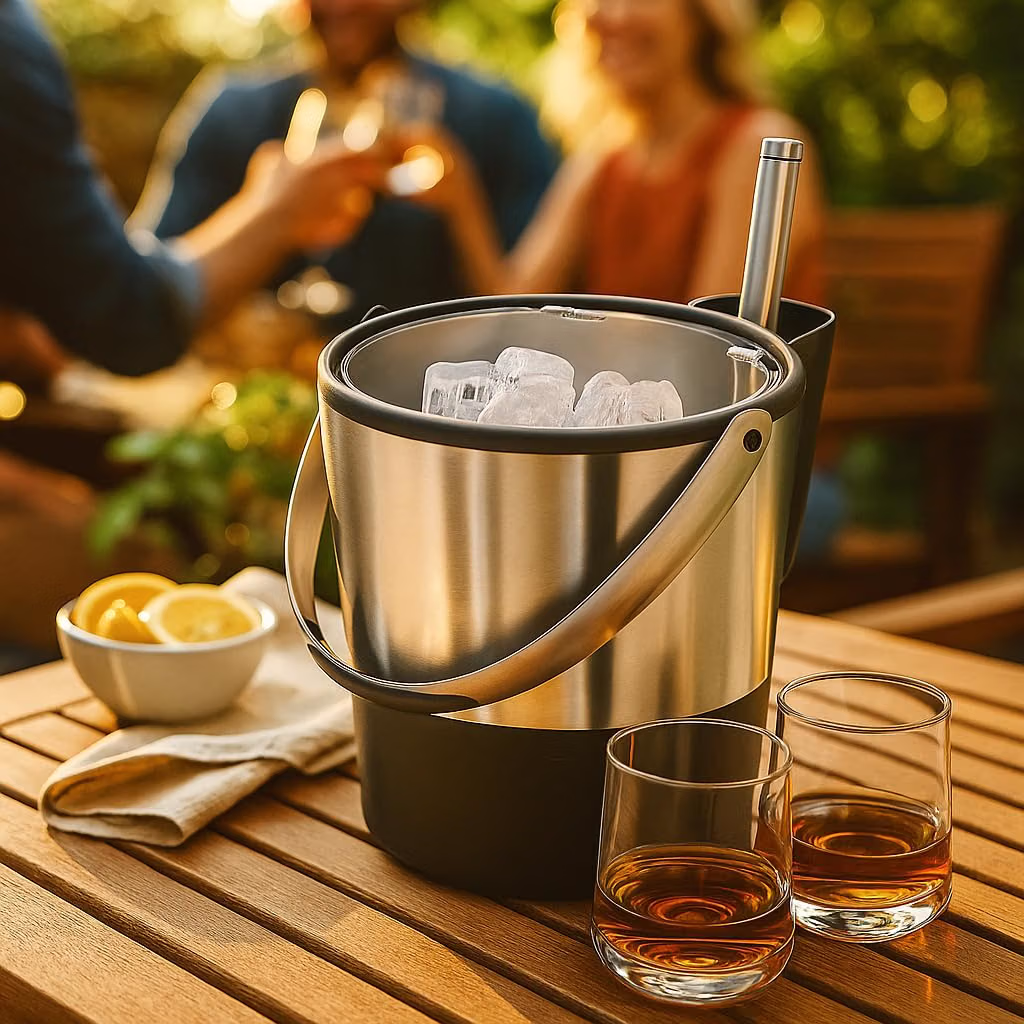 Stainless steel insulated ice bucket with tongs and a bowl of citrus on an outdoor table, keeping backup ice ready for a fall gathering.