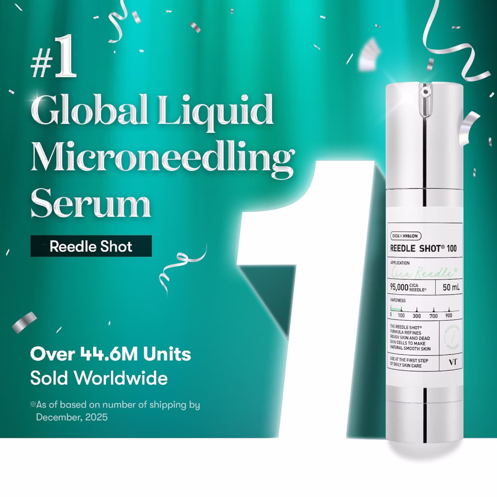 The Reedle Shot 100 bottle showing its 95,000 CICA Reedle spicule count and #1 global liquid microneedling serum claim, from my Reedle Shot review.