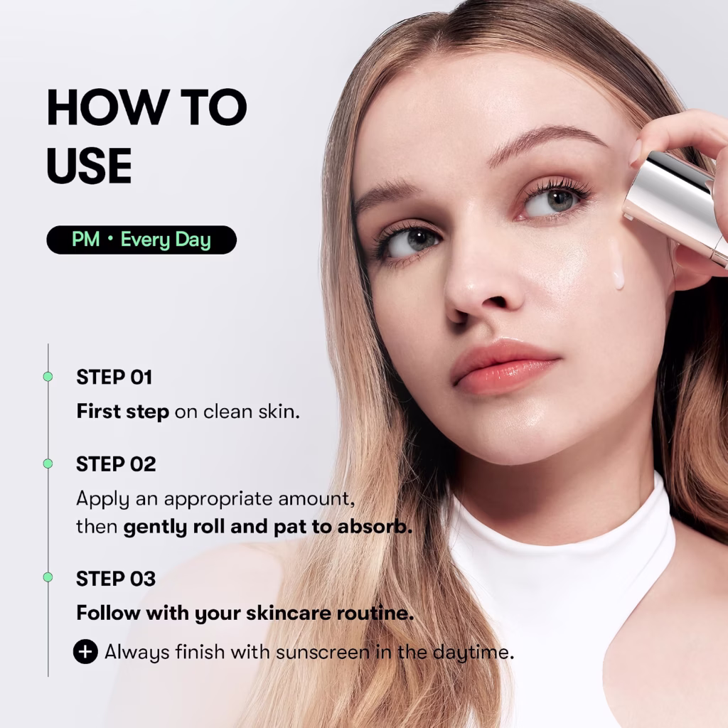 Three-step how-to-use guide for applying Reedle Shot in a PM skincare routine, from my Reedle Shot review.