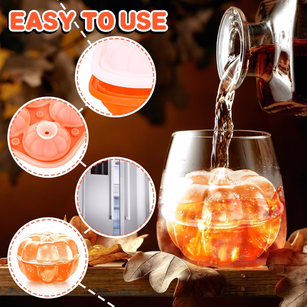 Pumpkin shaped ice cube floating in a glass of harvest punch, made with silicone pumpkin ice molds for this easy harvest punch recipe.