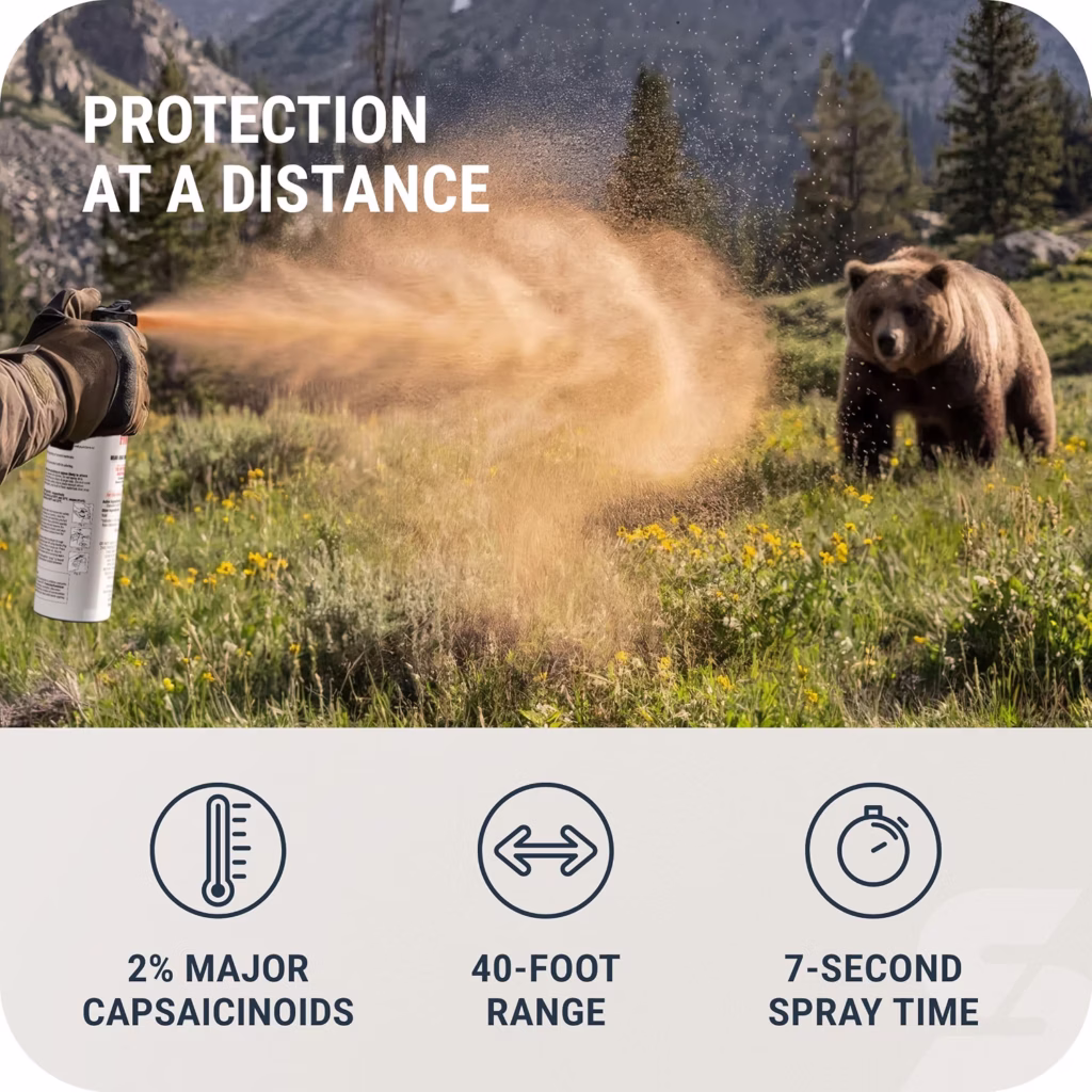 Bear spray product graphic showing a hiker spraying bear deterrent at a grizzly bear, with specs for 2% major capsaicinoids, a 40 foot range, and 7 second spray time, one of the tools people carry hiking in bear country.