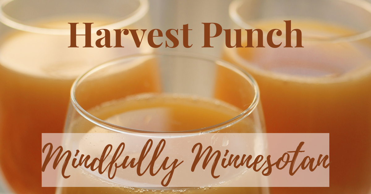 Featured image for the easy harvest punch recipe post, glasses of golden harvest punch with the Mindfully Minnesotan branding.